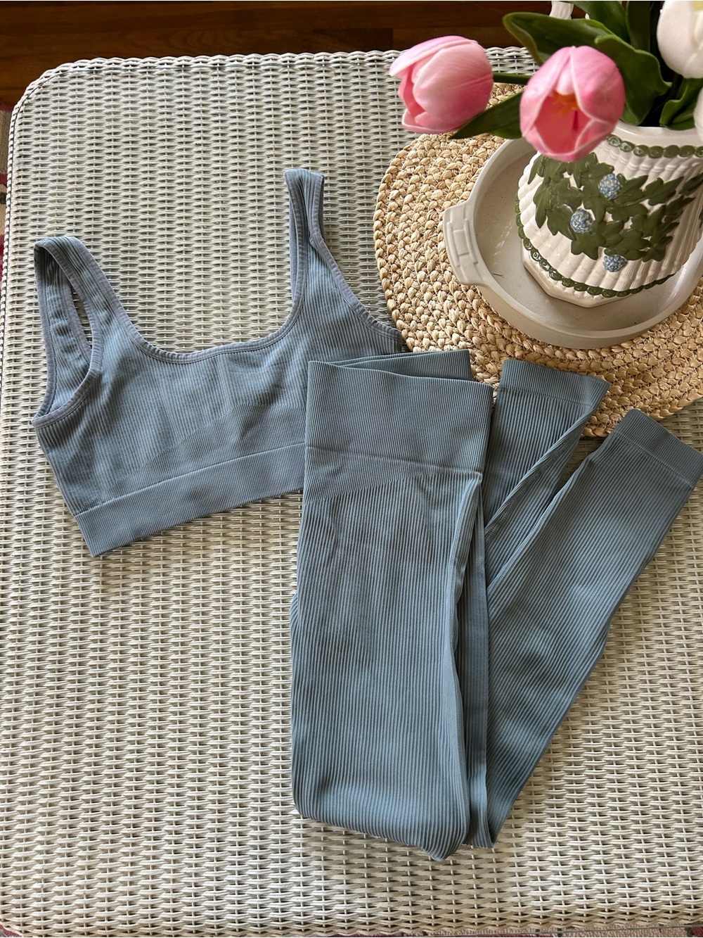 Ribbed Seamless High-Waist Leggings & Crop Tank Set - Dusty Blue